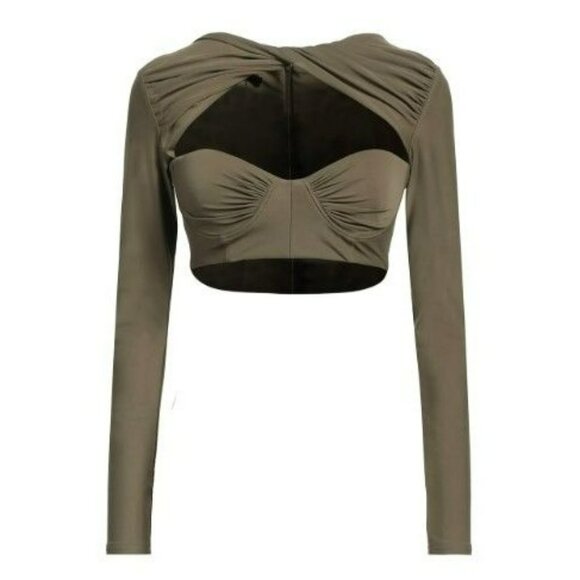 NEW Alex Perry Lycra Twist Sweetheart Cup Long Sleeve Crop Top Khaki Green XS 6 - Picture 1 of 15